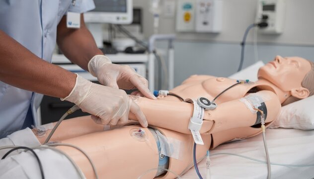 Detail of hands practicing patient care techniques using a medical dummy in a healthcare simulation lab with a softly blurred clinical environment.