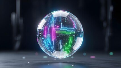 Iridescent crystal orb with neon reflections