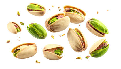 Close-up studio shot of floating, open nuts with a vibrant green interior and small fragments. Isolated on a black background