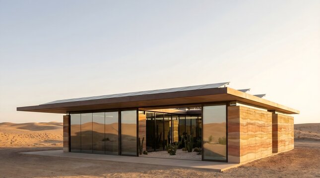 Modern Minimalist Rammed Earth Pavilion in Desert Landscape Sustainable Architecture Background