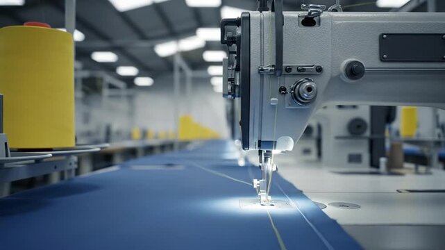 Industrial Sewing Machine Stitching Blue Fabric in Manufacturing Factory