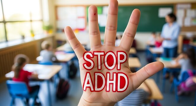 Hand displaying stop sign to ADHD in a classroom setting.