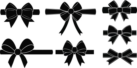 Black ribbon bows collection decorative elements for crafts and gifts on transparent background silhouette