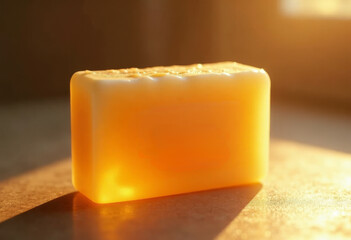A bar of soap with a fine gold coating, accent lighting, an exclusive beauty concept