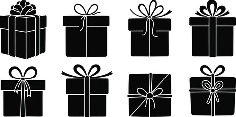 Eight black gift boxes with ribbons various sizes and shapes on transparent background silhouette