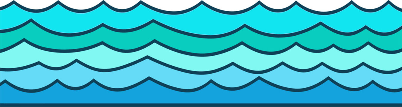 A vibrant abstract illustration of wavy ocean lines in various shades of blue