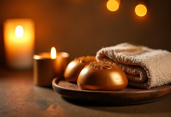 Warm bronze soaps, dramatic lighting, luxury spa amenities