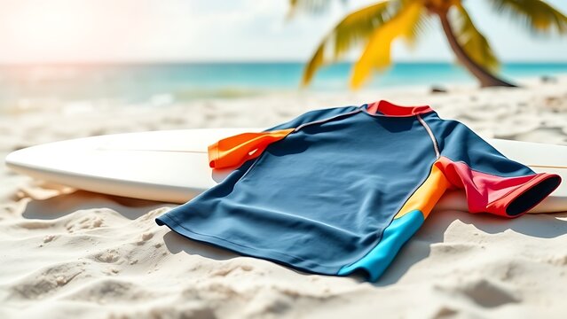 A vibrant colored rashguard laid flat on a sandy beach with a surfboard.