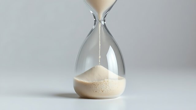 Hourglass with fine sand flowing slowly, time-lapse effect, minimalist still life.