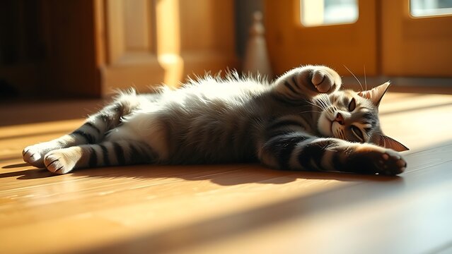 A tabby cat lying on its back on warm wooden floorboards in sunlight.