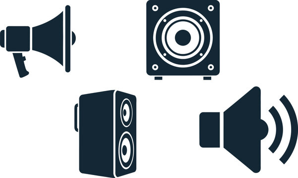 Audio equipment icons featuring a megaphone speaker and subwoofer on transparent background silhouette