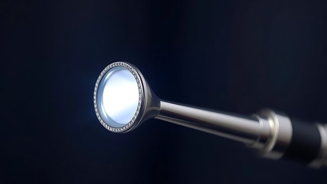 A classic medical otoscope with metal speculum reflecting clinical light on dark background.