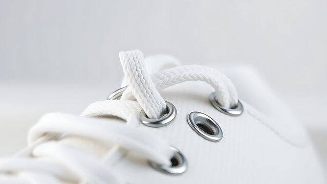 Close-up of a metal aglet on a new white shoelace.