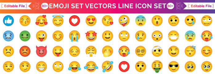 Big set of emoticons. Funny emoticons faces with facial expressions. Full editable vector icons. Detailed emoji icons. Emoji set. © SkAshik