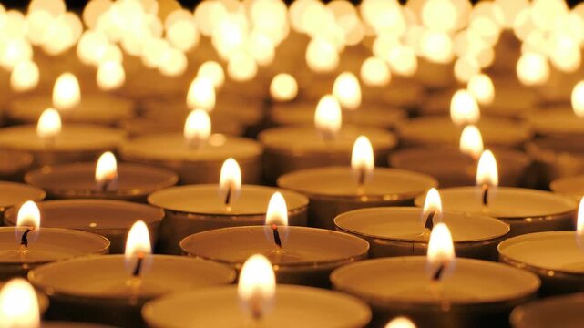 Array of burning small tealight candles casting warm glow and shadows on surrounding surfaces creating bokeh effect.