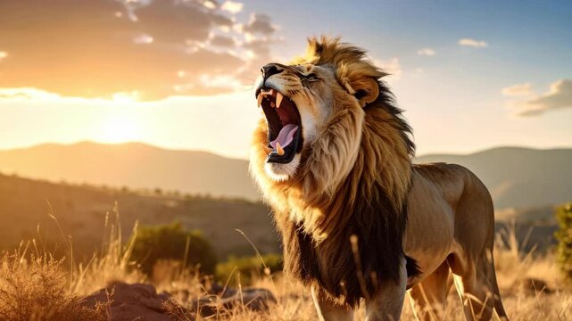 Majestic male lion roars powerfully against the setting sun in the African savanna, its mane flowing and teeth bared in a show of primal strength and dominance.
