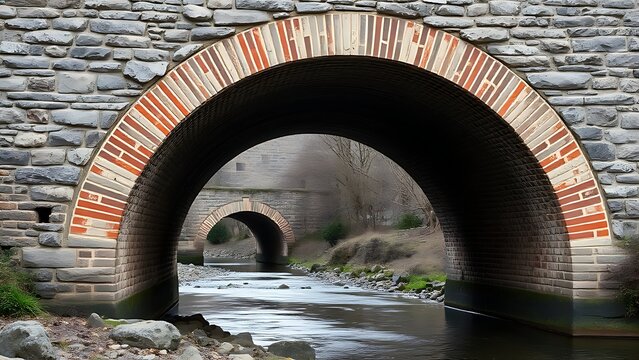The sturdy brick arch structure beneath an ancient stone bridge embedded in a riverbank.