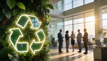 Glowing recycling symbol on a living green wall in a modern office. Sustainable business meeting and eco corporate responsibility concept.