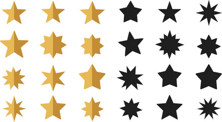 Collection of golden and black stars in various shapes on transparent background silhouette
