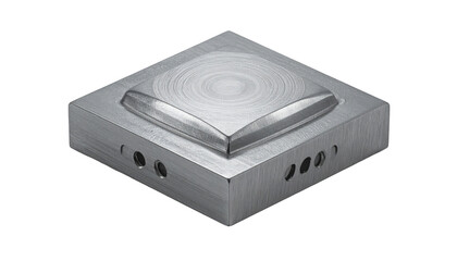 Shiny square metal block with a raised circular design on top, sits on a black background with directional light