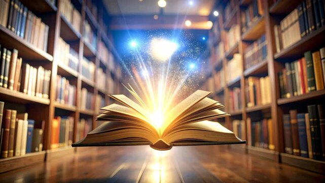 Mystical glowing book in library with bookshelves, emanating light and sparks of imagination, concept of knowledge and wisdom