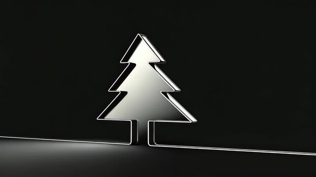 Minimalist shiny silver Christmas tree with outlines on a reflective black surface, evoking elegant holiday spirit