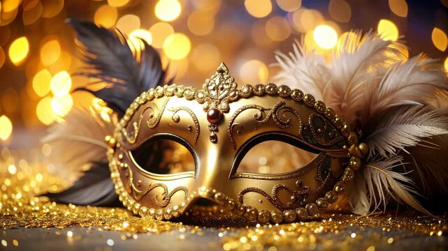 Elaborate gold masquerade mask with feathers and jewels on a shimmering gold glitter surface with bokeh lighting, festive celebration theme