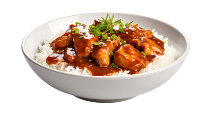 Bowl of fluffy rice topped with glazed chicken pieces and green onions, in dark brown sauce, in a white bowl