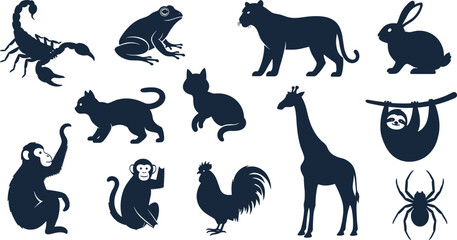 Fototapeta premium Black And White Vector Silhouette Set Of Diverse Animals Featuring Scorpion Frog Panther Rabbit Cat Monkey Giraffe Sloth And Rooster For Nature Design (22 words)