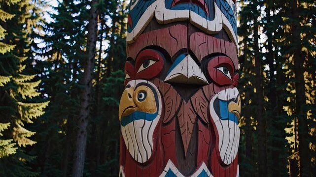 A totem pole stands in a sunlit forest, captured from a low angle. The scene evokes a cinematic video feel with its vibrant colors and natural setting.