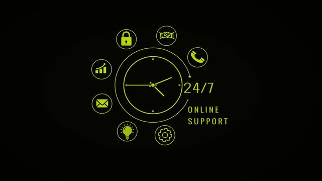 A circular arrangement of neon yellow service encircles a clock face indicating 24/7 availability on a deep black background with subtle digital grid lines and glowing text Keywords: clock, 24/7