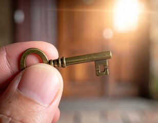 Close up of a hand holding an antique brass key with sunlight illuminating the background doorway entrance opportunity concept
