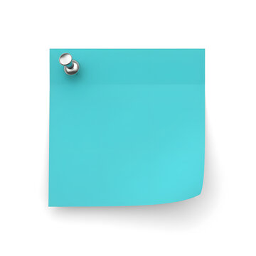 A blank teal sticky note with a silver thumbtack for reminders isolated on a white or transparent background