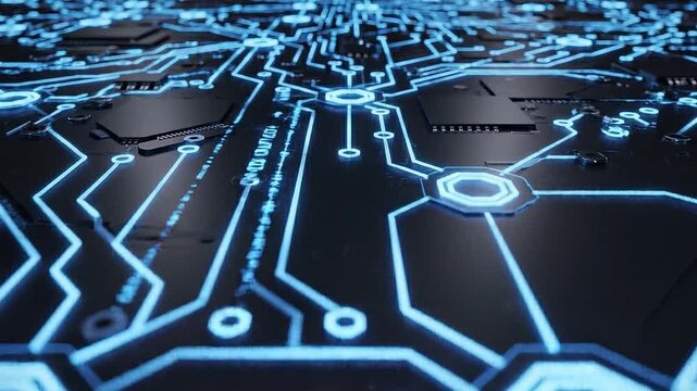 Circuit Board: A detailed view of a computer circuit board, with intricate lines and glowing blue pathways that symbolize the complex inner workings of modern technology.
