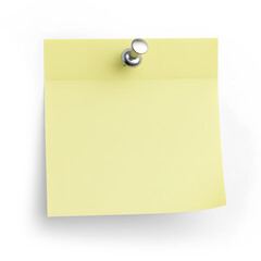 A blank yellow sticky note with a silver thumbtack for reminders isolated on a white or transparent background
