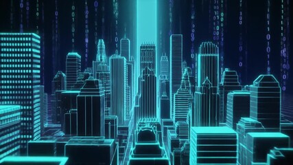Futuristic Neon Wireframe Cityscape with Falling Binary Code Data Streams urban technology - Powered by Adobe
