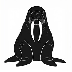 Silhouette of a Seated Walrus with Prominent Tusks on a White Background