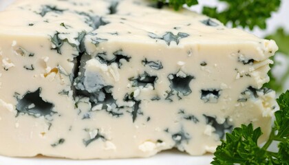 Close up macro shot of creamy blue cheese with green mold veins and fresh parsley garnish on a white background studio lighting
