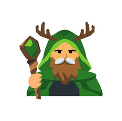 Druid cartoon character in flat design style, nature wizard holding wooden staff, fantasy forest sorcerer vector illustration.