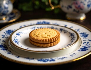 Close Up Of A Cream Filled Biscuit On A Blue Floral Patterned Plate With Gold Rim And Soft Lighting