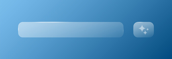 The search bar with the AI sign on a blue background. Futuristic intelligent search automation, chatbot. Transparent glassmorphism-style search bar button. Vector EPS 10.