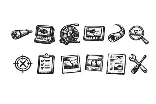 Hand-drawn plumbing inspection tools illustration including a camera, report, and repair tools, perfect for plumbing services or home repair marketing materials.