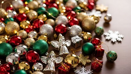 Colorful Christmas Ornaments and Decorations on Surface.