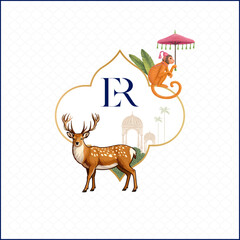 Luxury Indian heritage logo featuring a majestic deer, a monkey with a royal parasol, and Mughal architectural elements in a decorative frame. © Mr. Creative007