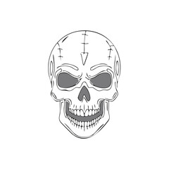 Obraz premium Stylized Human Skull with Stitches and Arrowhead Design Illustration for Tattoo or Graphics