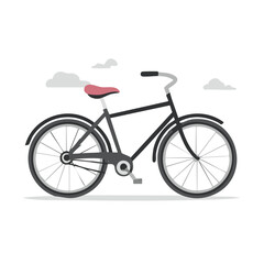 Fototapeta premium Black bicycle with red saddle on white background with clouds for simple flat illustration