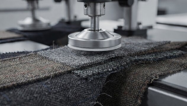 Closeup of fabric samples undergoing abrasion tests on a machine in a lab showcasing durability under light wear conditions for outerwear materials.