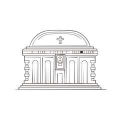 Architectural Drawing of an Ancient Orthodox Church Building with Cross on Top of Its Dome. Heritage Structure Architectural Illustration