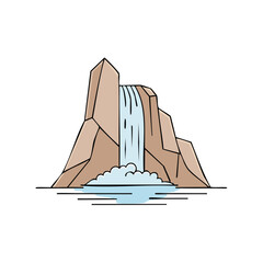 Waterfall cascading down rocky cliffs into a pool of water, outline illustration for travel brochures, eco tourism, and conservation posters.