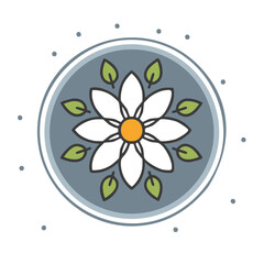 Elegant White Flower Blossom Centered in Decorative Circular Frame with Green Leaves